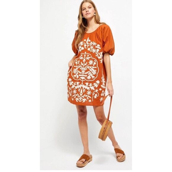 Free People Dresses & Skirts - Free People Mini Dress Women Size M Rust Embroidered Puff Sleeve Open Back Boho